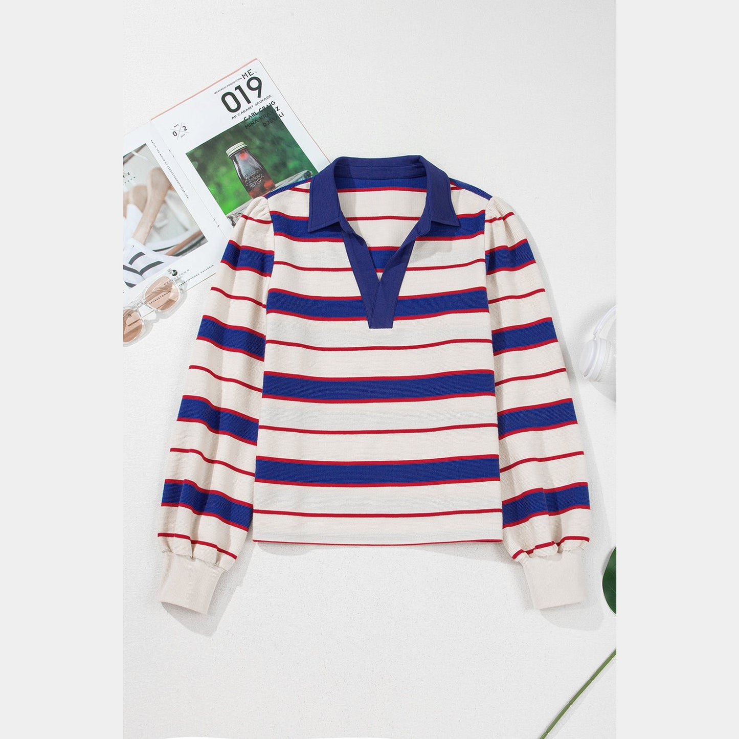 Jayde Blue Stripe Color Block Polo Pullover Sweatshirt