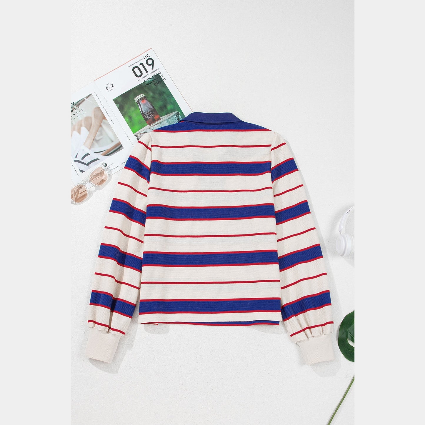 Jayde Blue Stripe Color Block Polo Pullover Sweatshirt