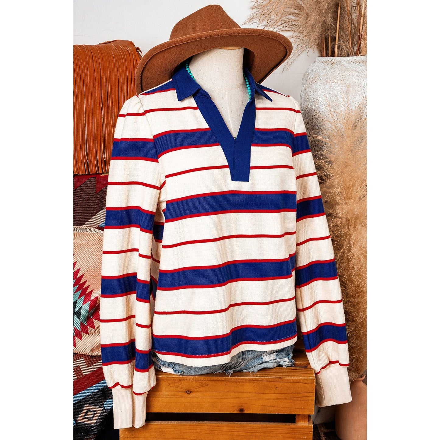 Jayde Blue Stripe Color Block Polo Pullover Sweatshirt