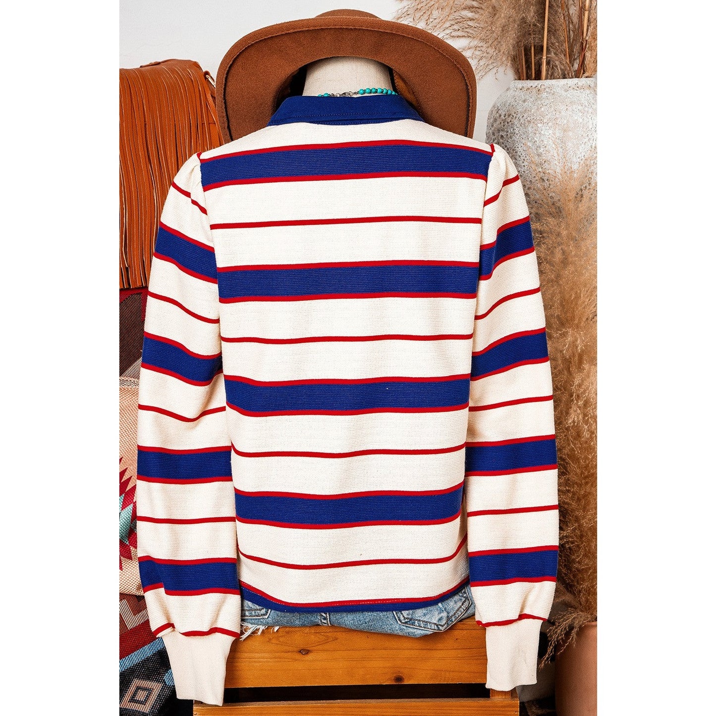 Jayde Blue Stripe Color Block Polo Pullover Sweatshirt