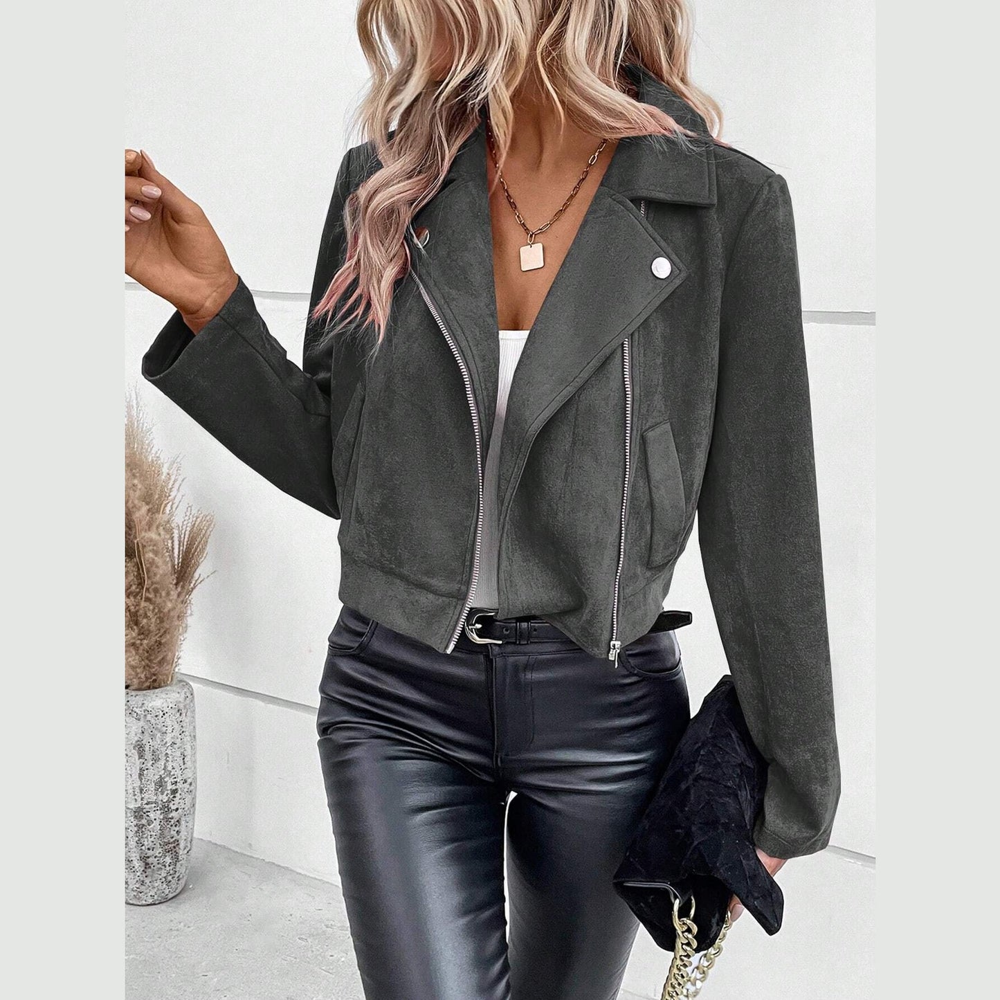 Jazmyn Charcoal Faux Suede Zipper Jacket