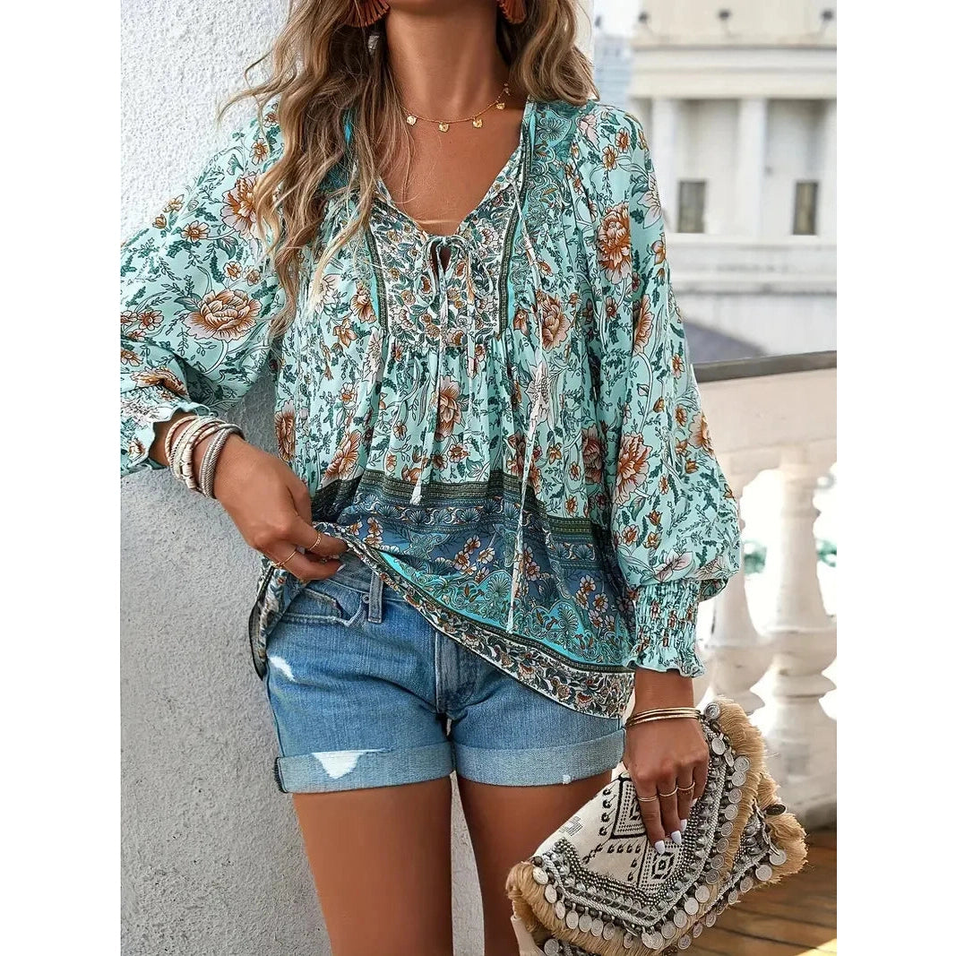 Jazzie Green V Neck Tie Front Bohemian Blouse