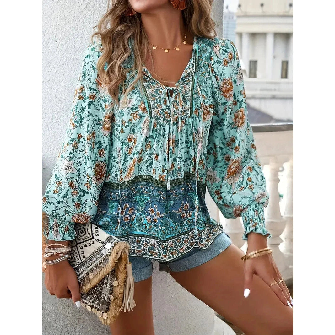 Jazzie Green V Neck Tie Front Bohemian Blouse