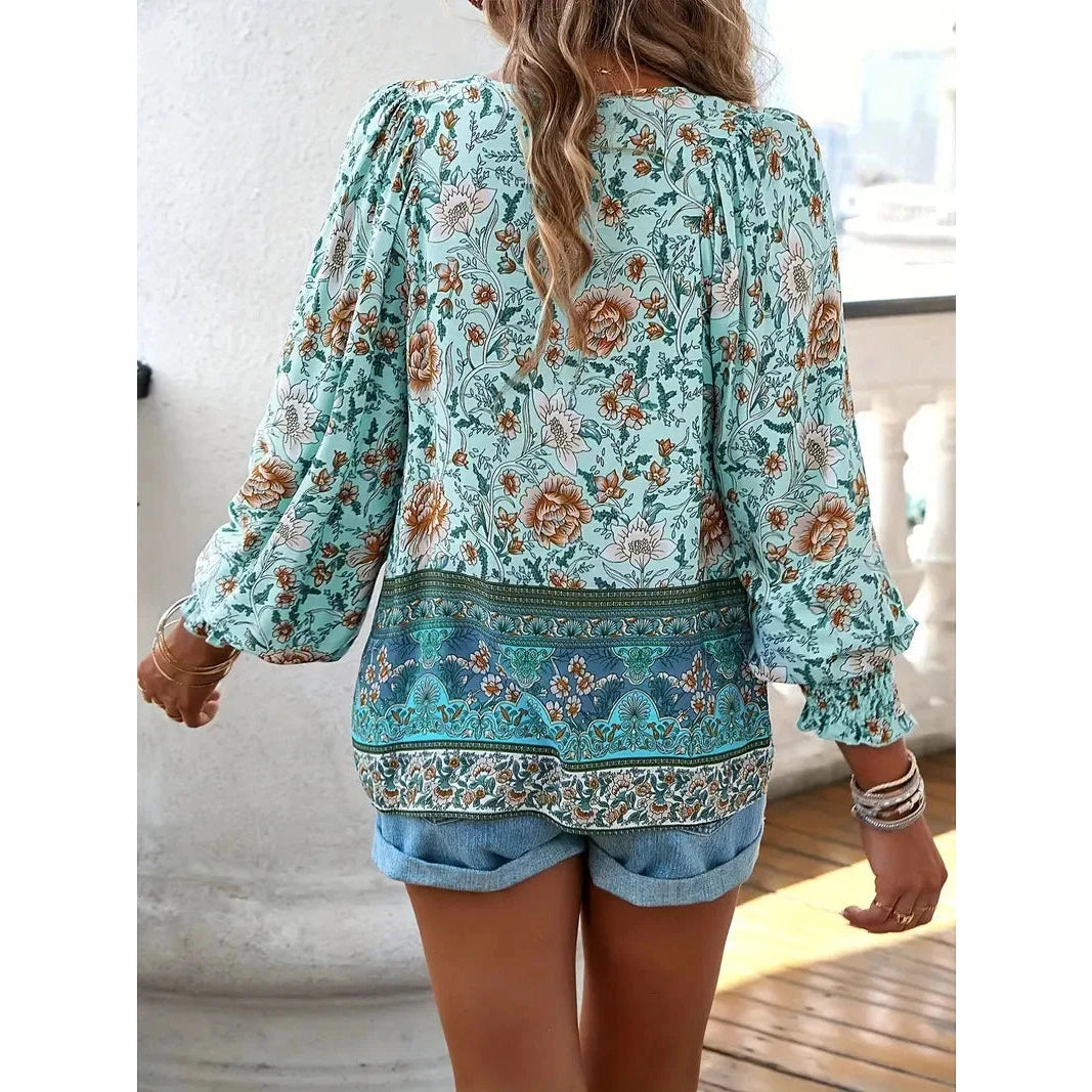 Jazzie Green V Neck Tie Front Bohemian Blouse