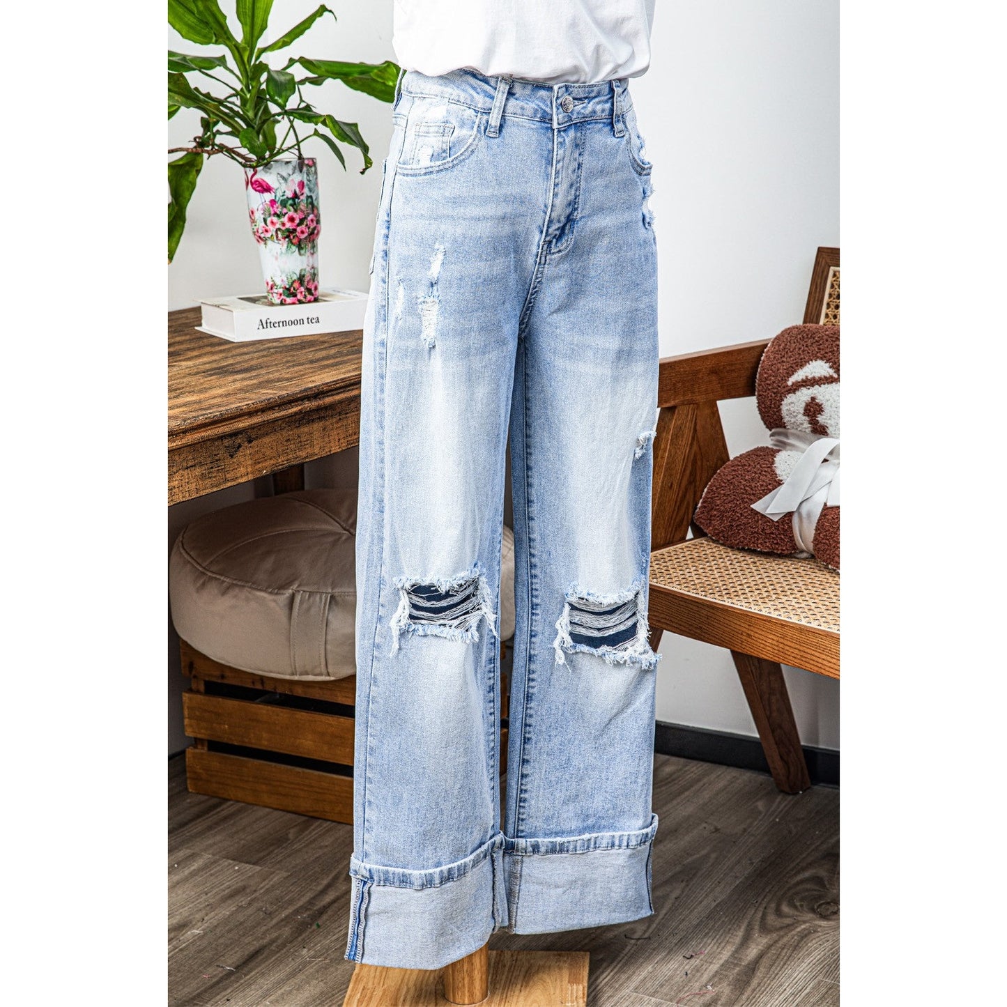 Annique Beau Blue Light Wash Distressed Flare Jeans