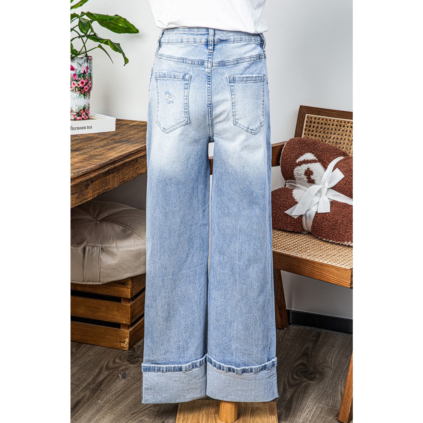 Annique Beau Blue Light Wash Distressed Flare Jeans