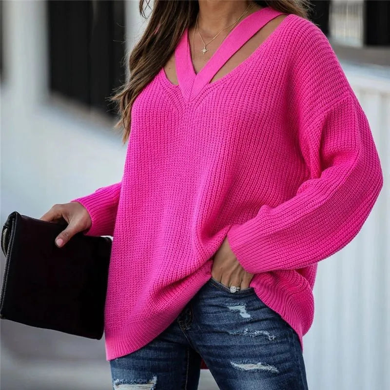 Jerusha Hot Pink V Neck Hollow Out Long Sleeve Sweater