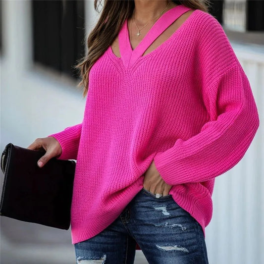 Jerusha Hot Pink V Neck Hollow Out Long Sleeve Sweater