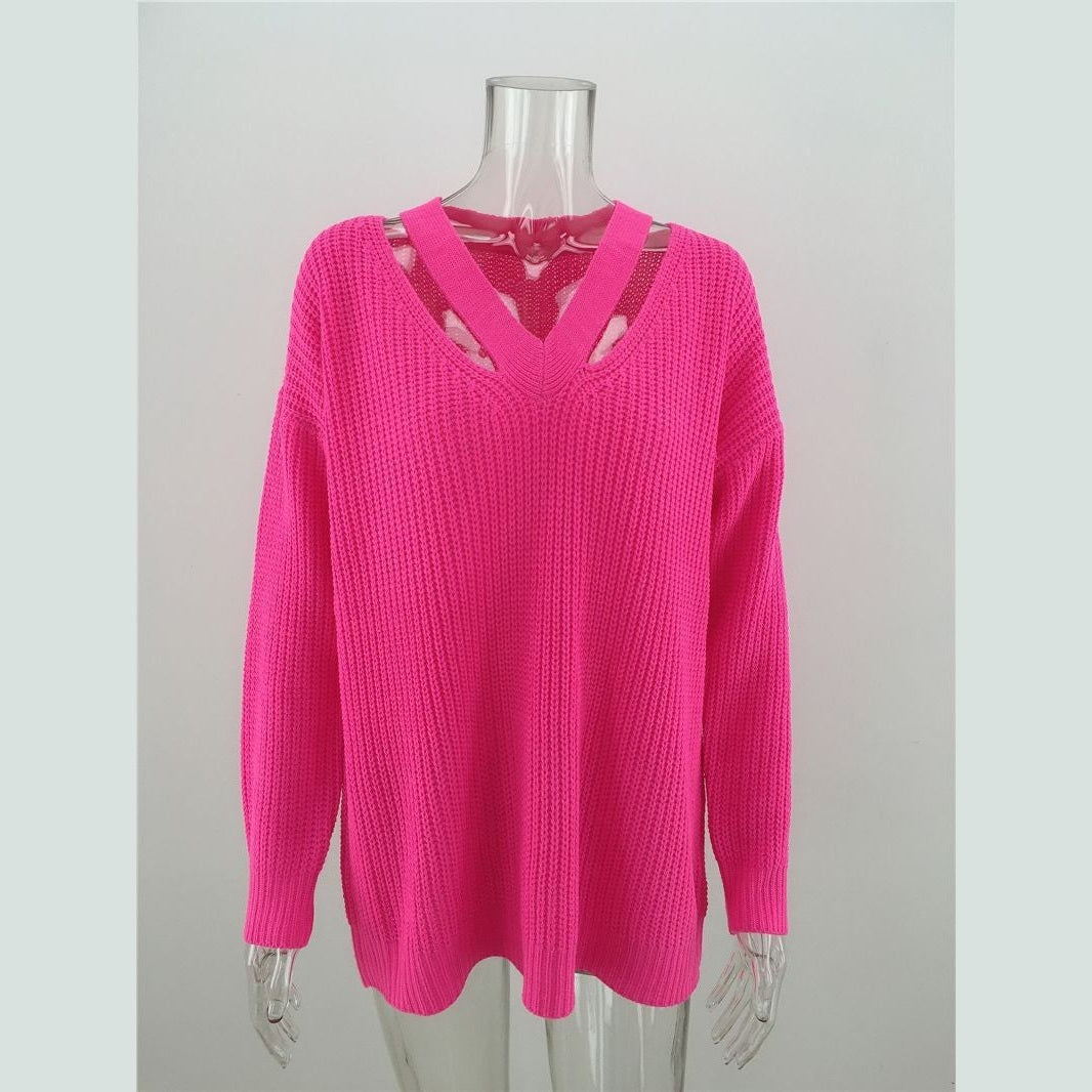 Jerusha Hot Pink V Neck Hollow Out Long Sleeve Sweater