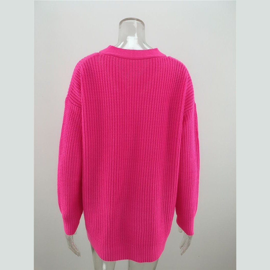 Jerusha Hot Pink V Neck Hollow Out Long Sleeve Sweater