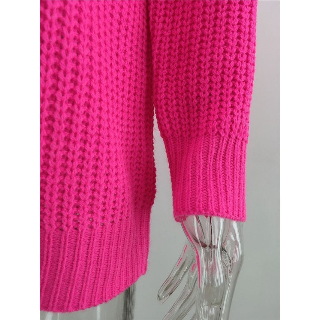 Jerusha Hot Pink V Neck Hollow Out Long Sleeve Sweater