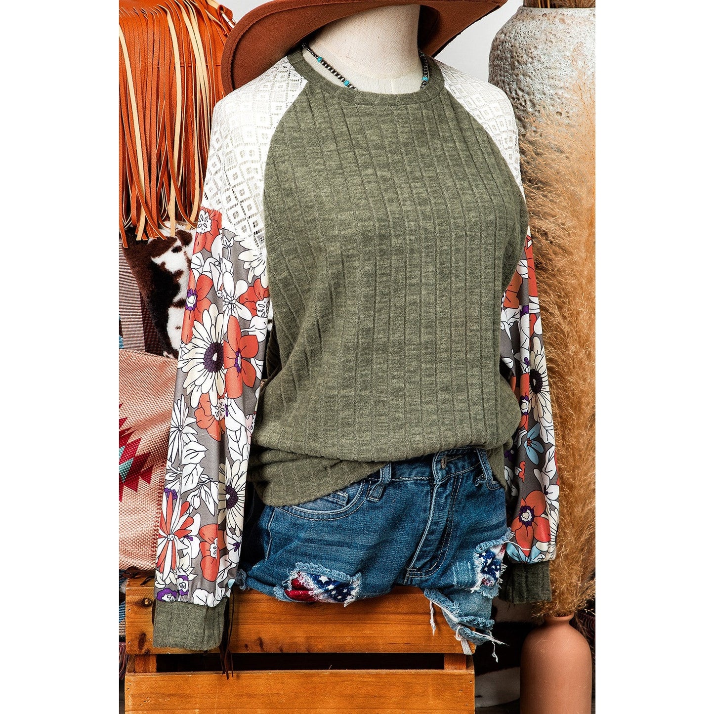 Jessenia Laurel Green Floral Patchwork Long Sleeve Ribbed Blouse