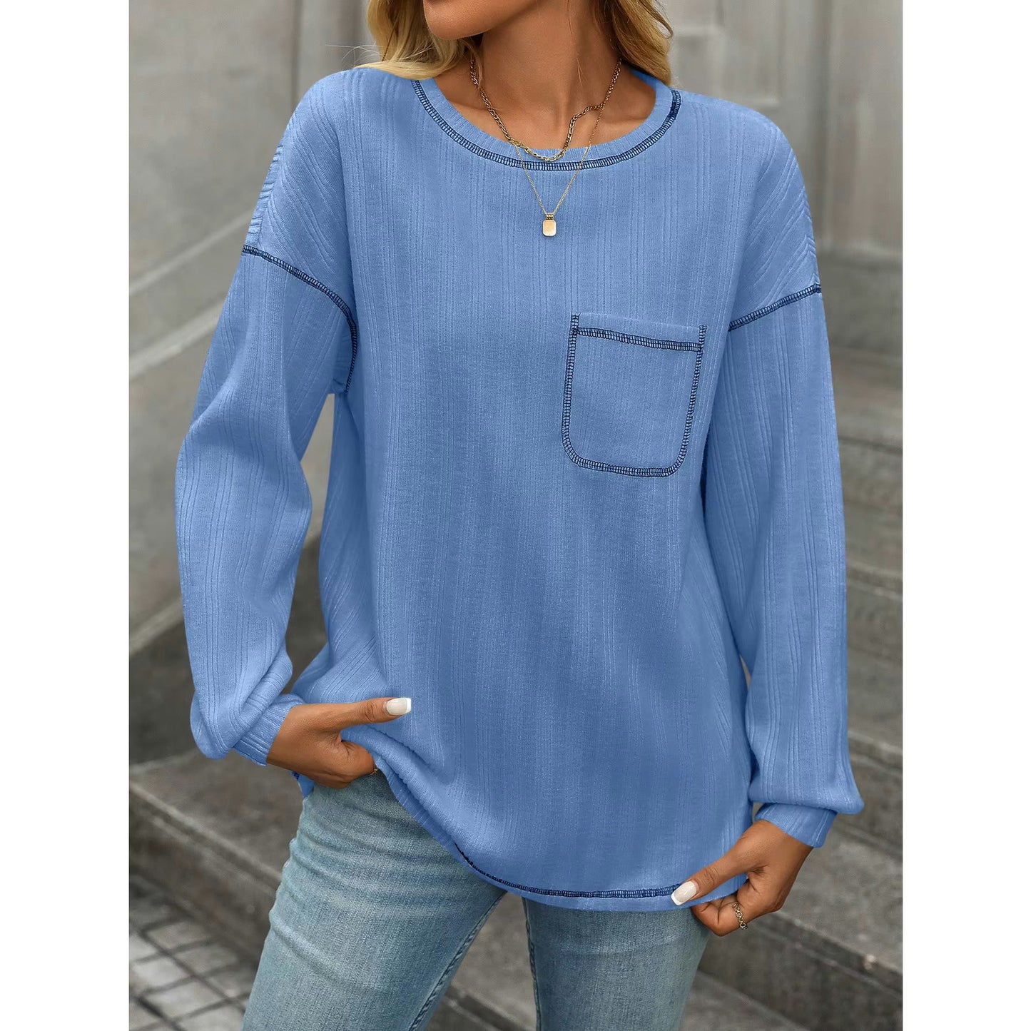Jo Blue Drop Shoulder Loose Fit Long Sleeve Tee Shirt