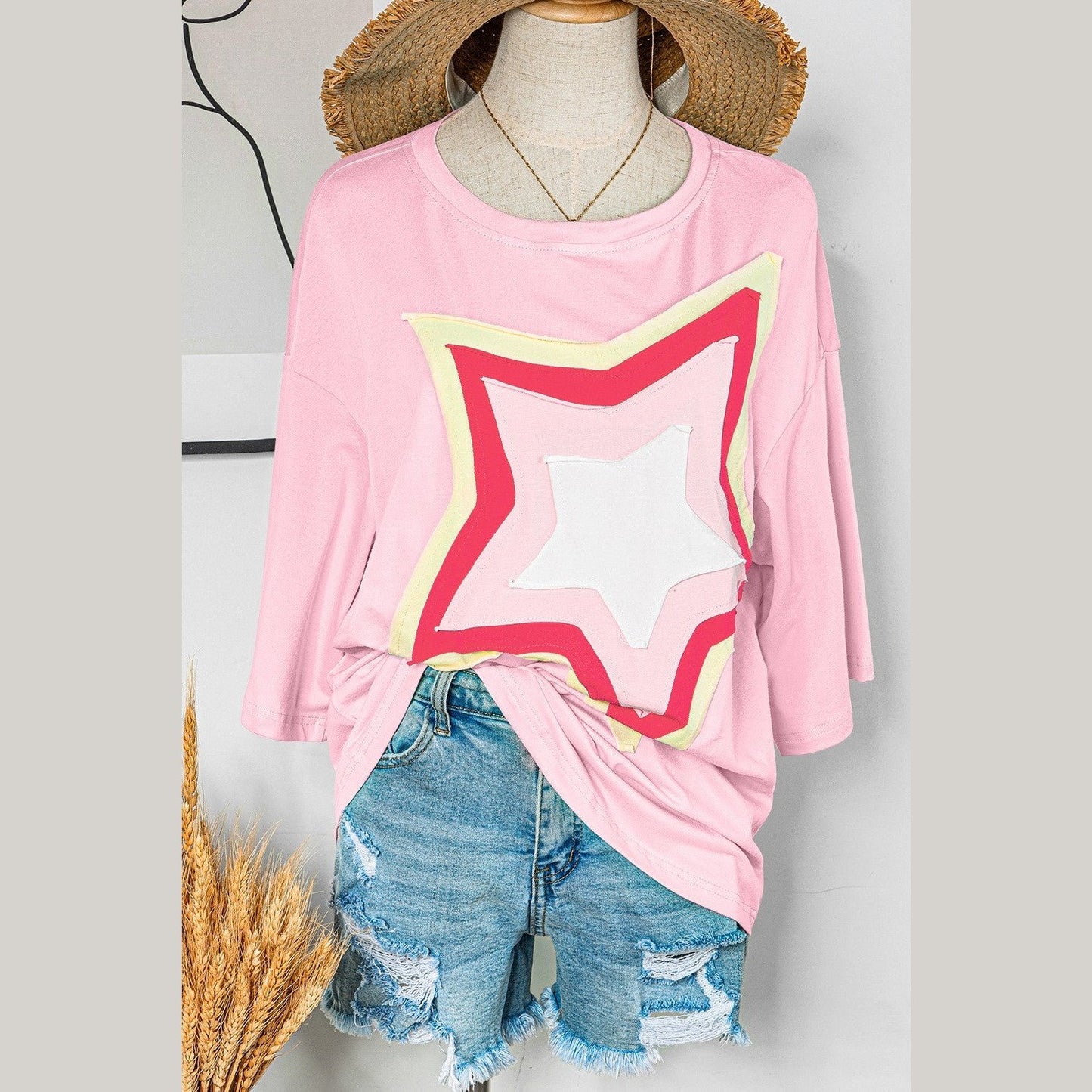 REDUCED!!! Joan Light Pink Colorblock Star Patched Half Sleeve Oversized Tee REDUCED!!!