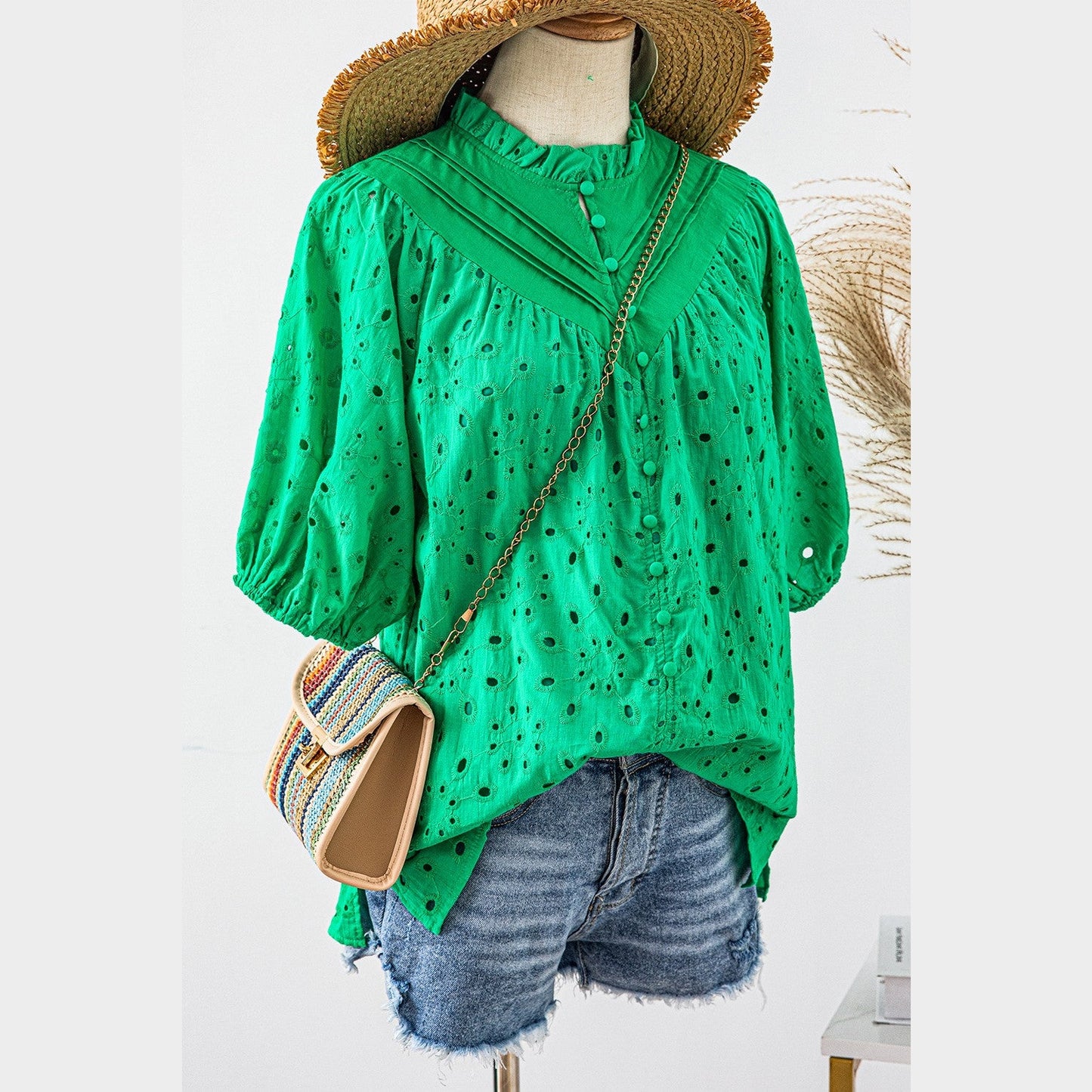 Jocelyn Green Flower Embroidered Hollow-out Puff Sleeve Blouse