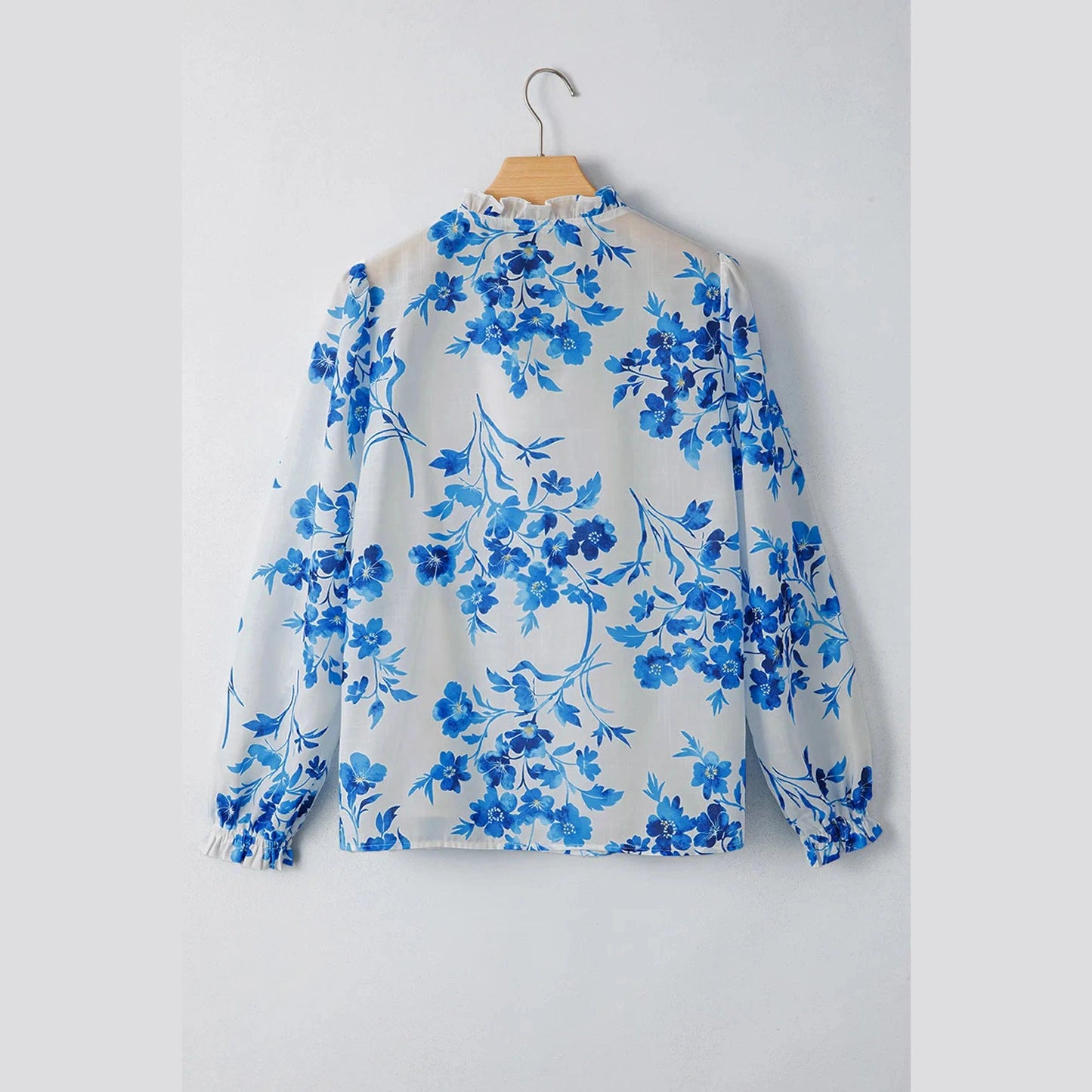 Jodeen Blue Floral Long Sleeve Lace-up V Neck Blouse