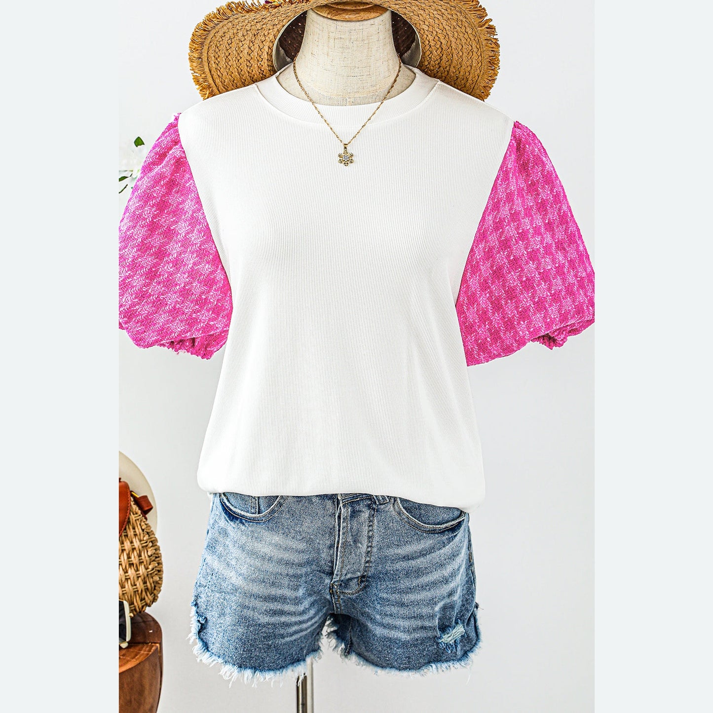 REDUCED!!! Jodi White Contrast Tweed Puff Sleeve Top REDUCED!!!
