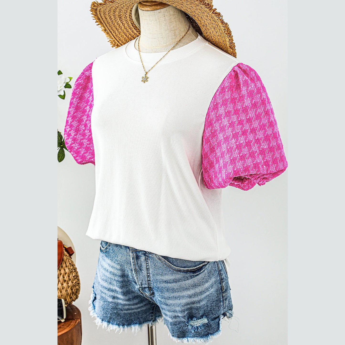 REDUCED!!! Jodi White Contrast Tweed Puff Sleeve Top REDUCED!!!