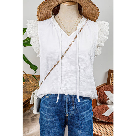 Josephine White Embroidered Ruffle Trim Textured Blouse