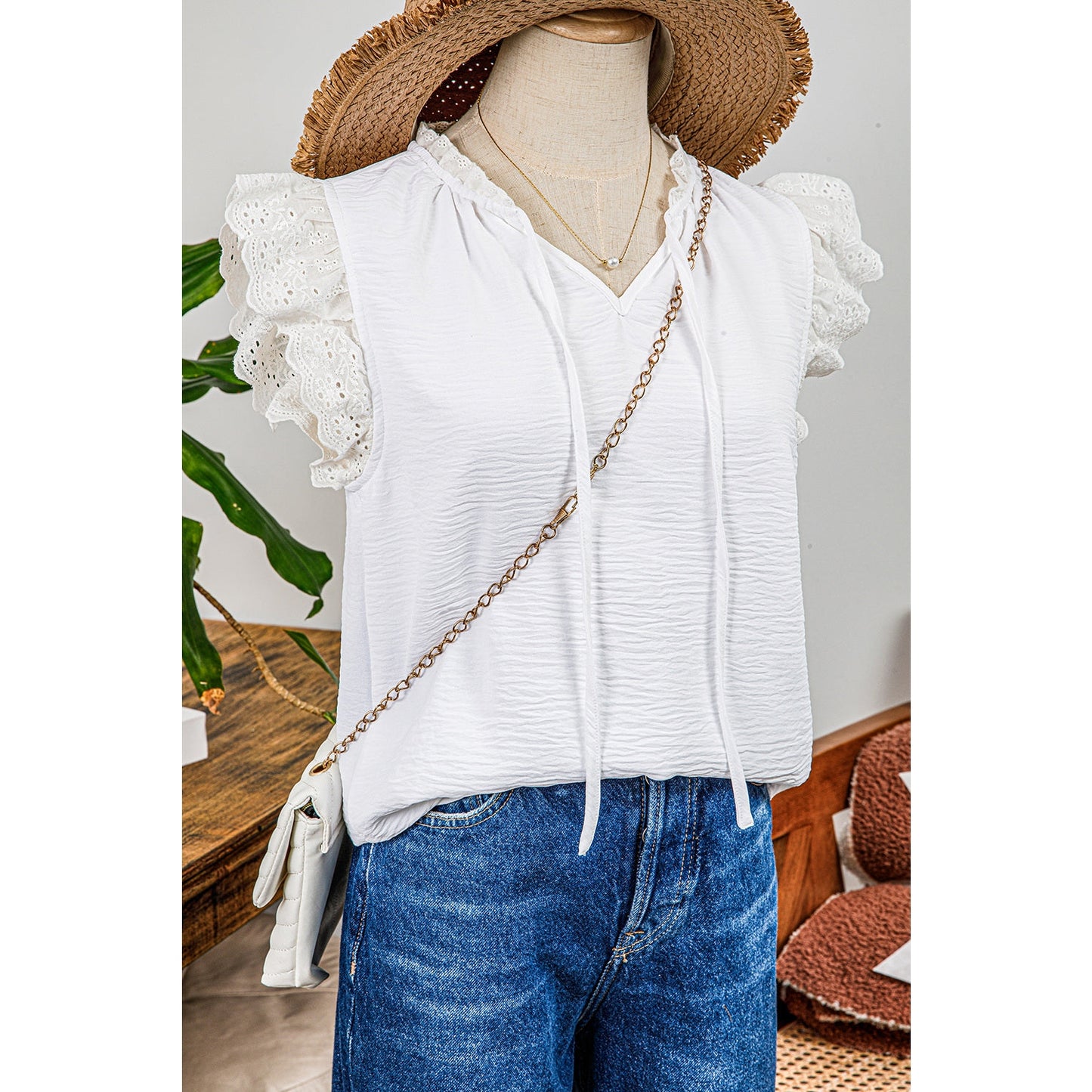 Josephine White Embroidered Ruffle Trim Textured Blouse