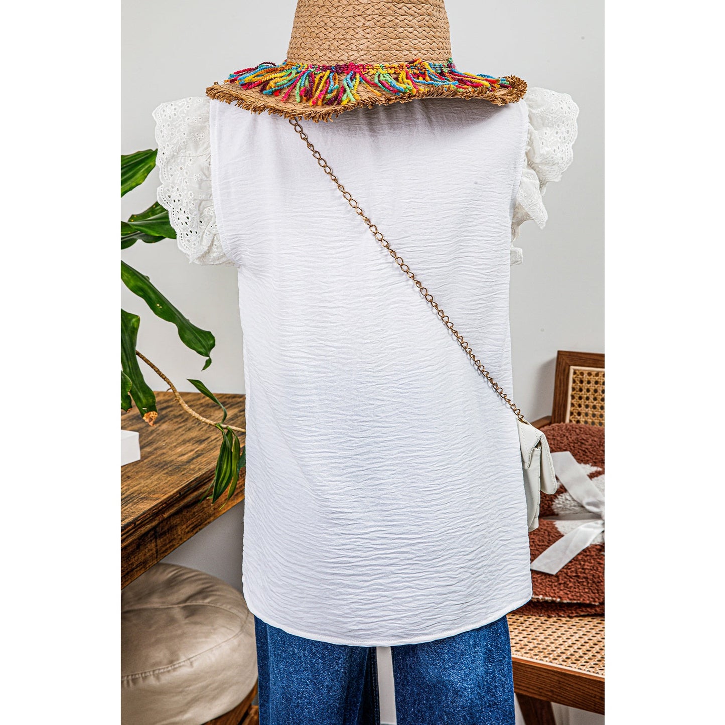 Josephine White Embroidered Ruffle Trim Textured Blouse