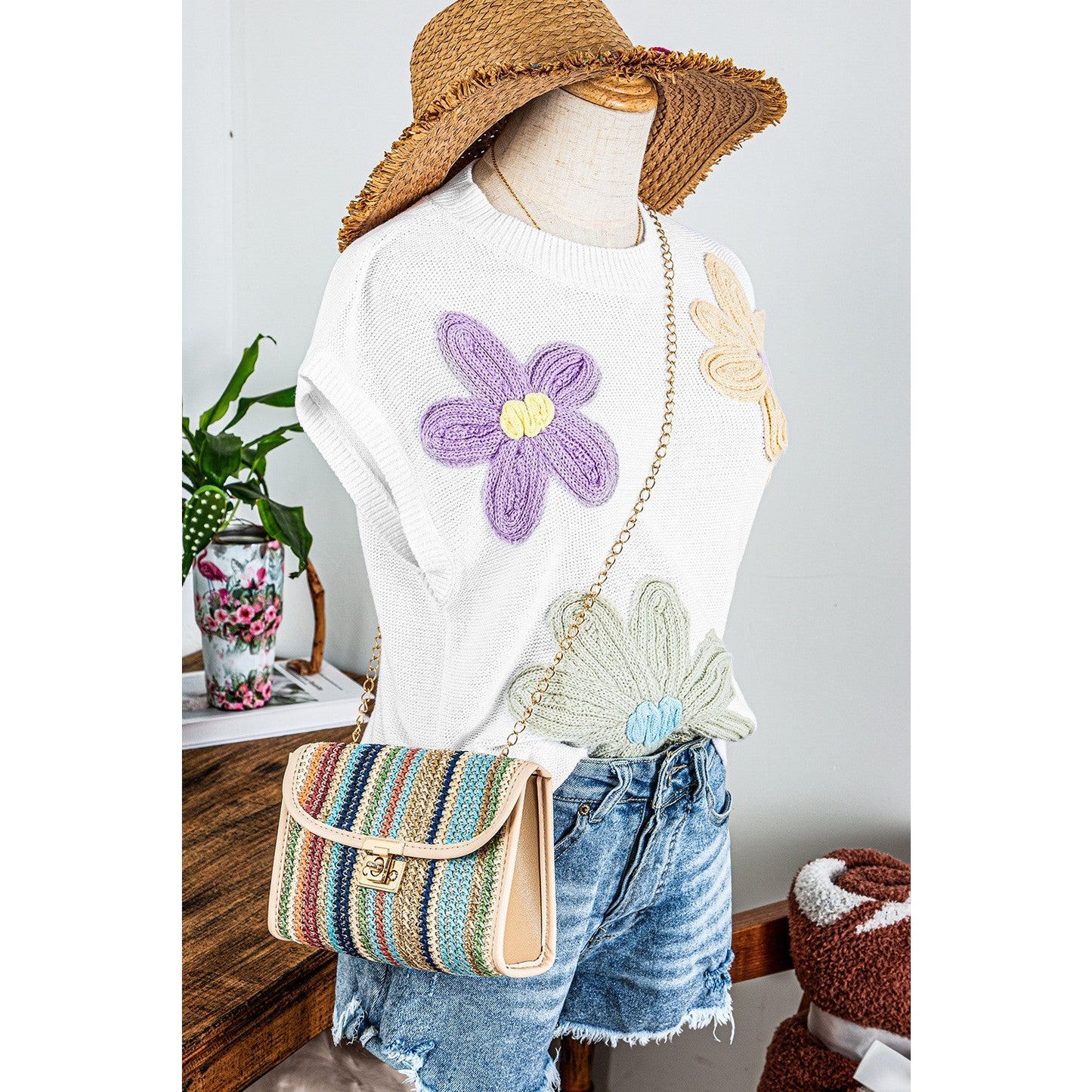 Josie White Crochet Flower Knit Short Sleeve Sweater