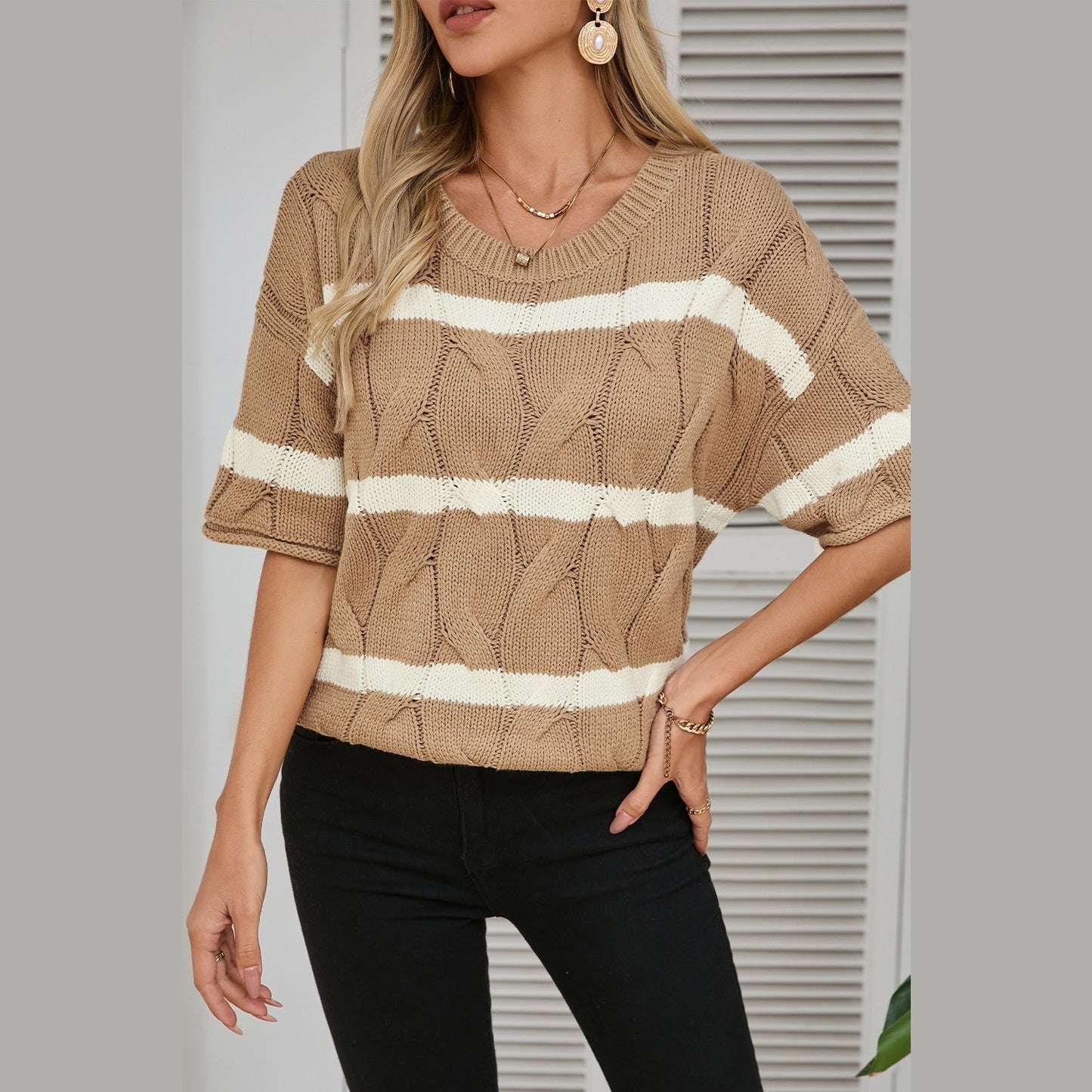 REDUCED!!! Amaya Dark Khaki Striped Cable Short Sleeve Sweater REDUCED!!!