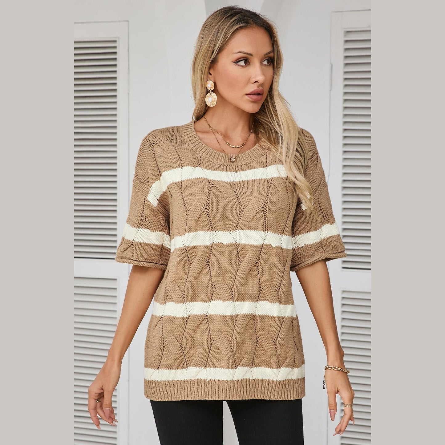 REDUCED!!! Amaya Dark Khaki Striped Cable Short Sleeve Sweater REDUCED!!!