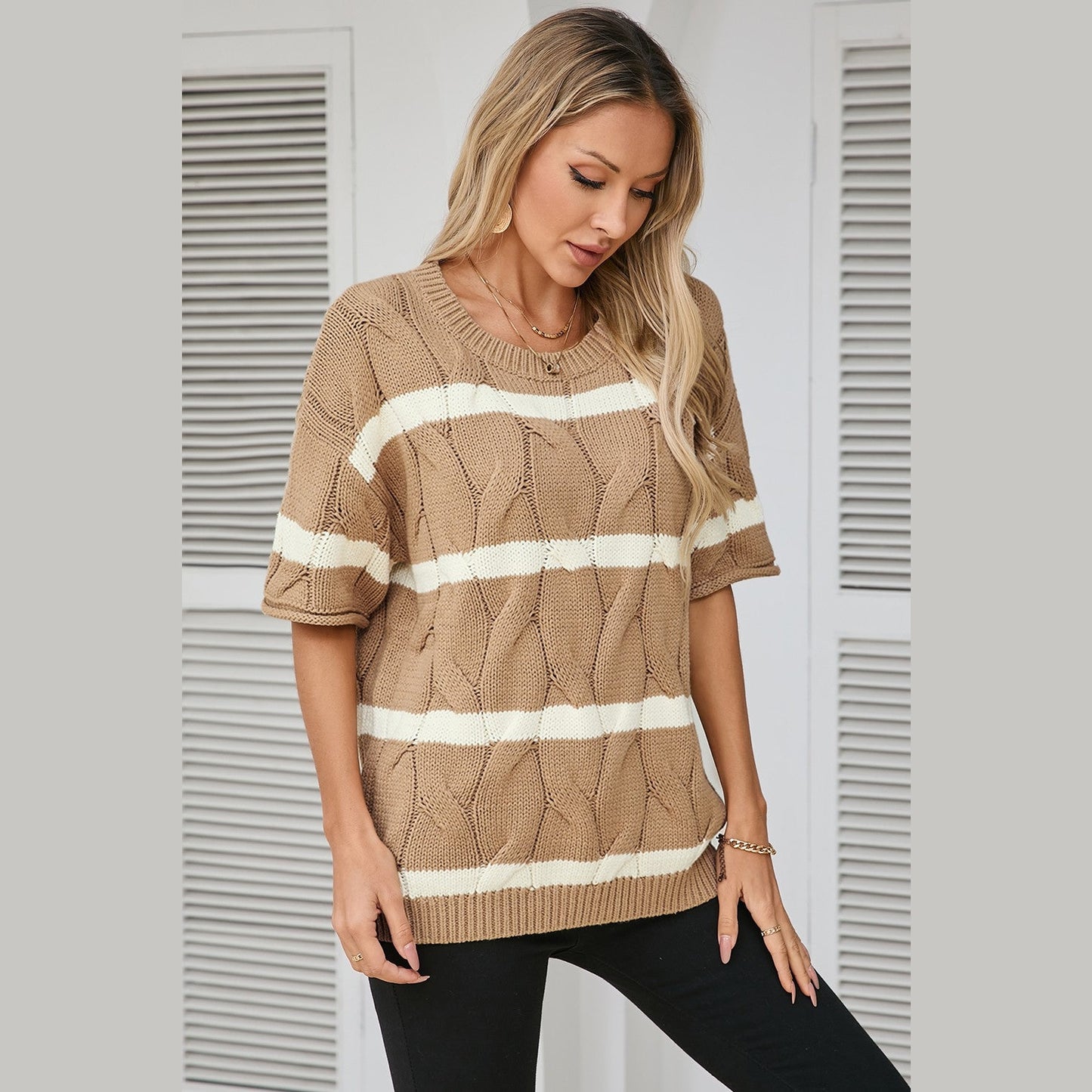 REDUCED!!! Amaya Dark Khaki Striped Cable Short Sleeve Sweater REDUCED!!!