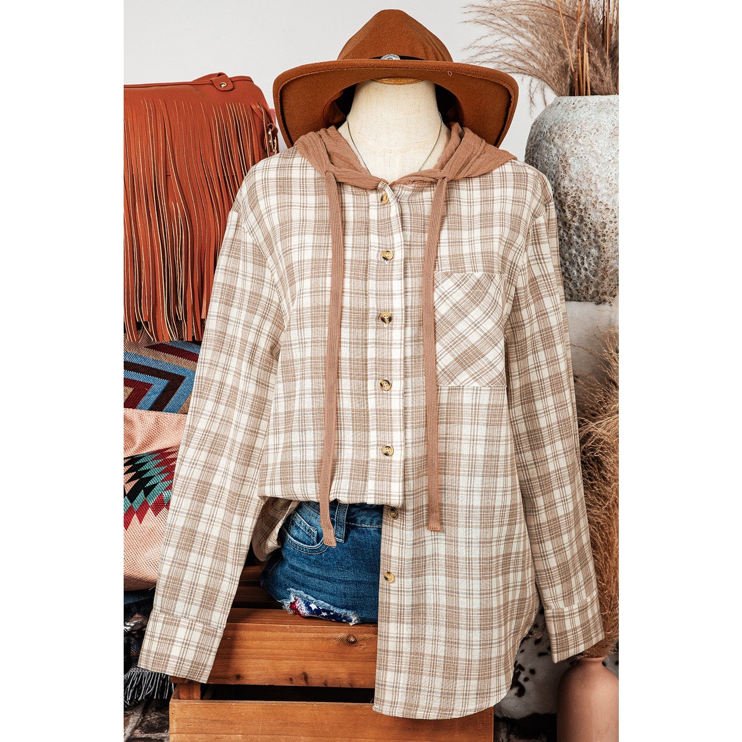 Wisteria Khaki Checkered Print Loose Fit Buttoned Hooded Shacket