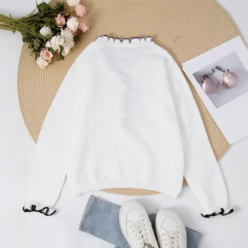 Kalissa White Contrast Ruffle Trim Sweater