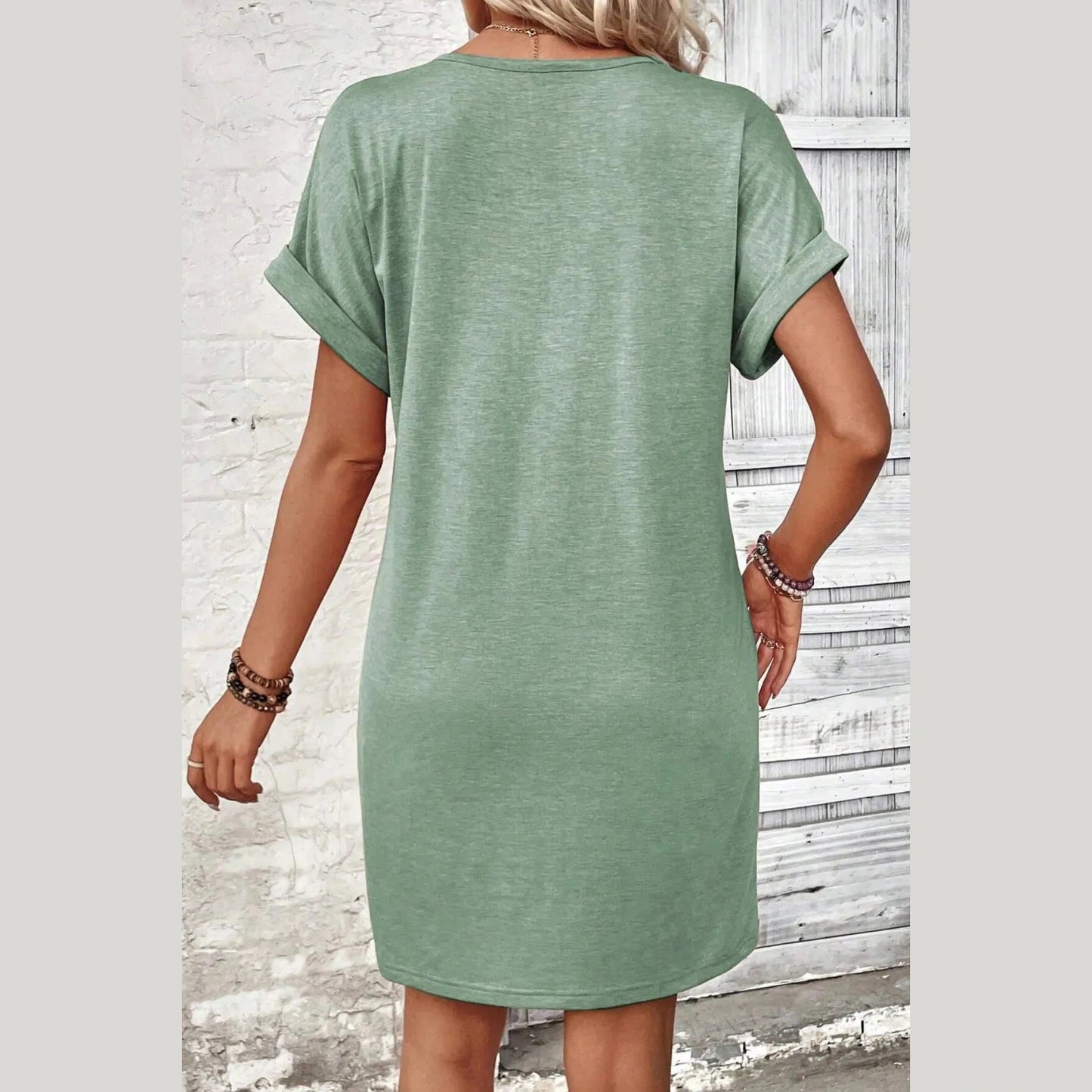 Kamala Green V-neck Rolled Sleeve Mini Dress