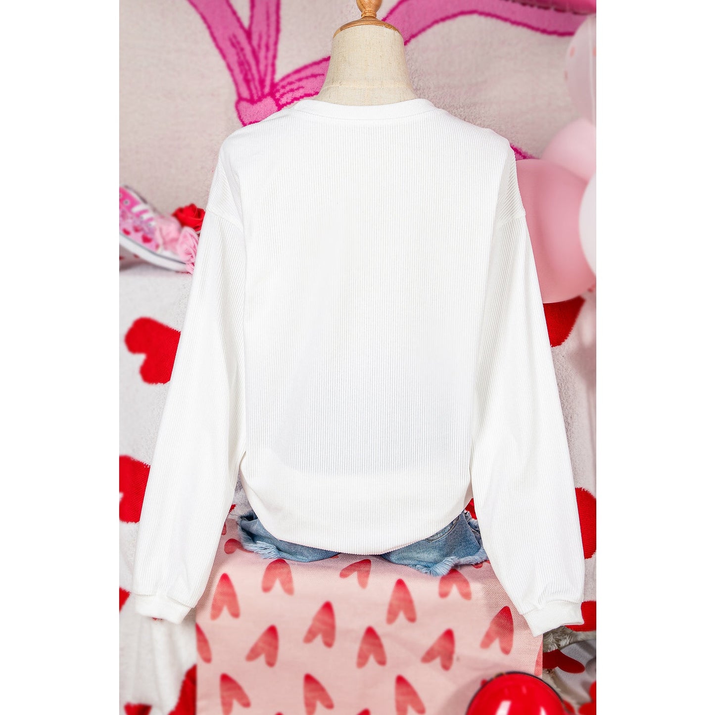 Karmen White Ribbed Corded Oversized Sweatshirt
