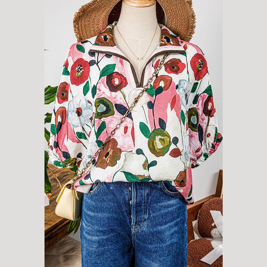 Karon Pink Floral Print Slit V Neck Short Sleeve Blouse