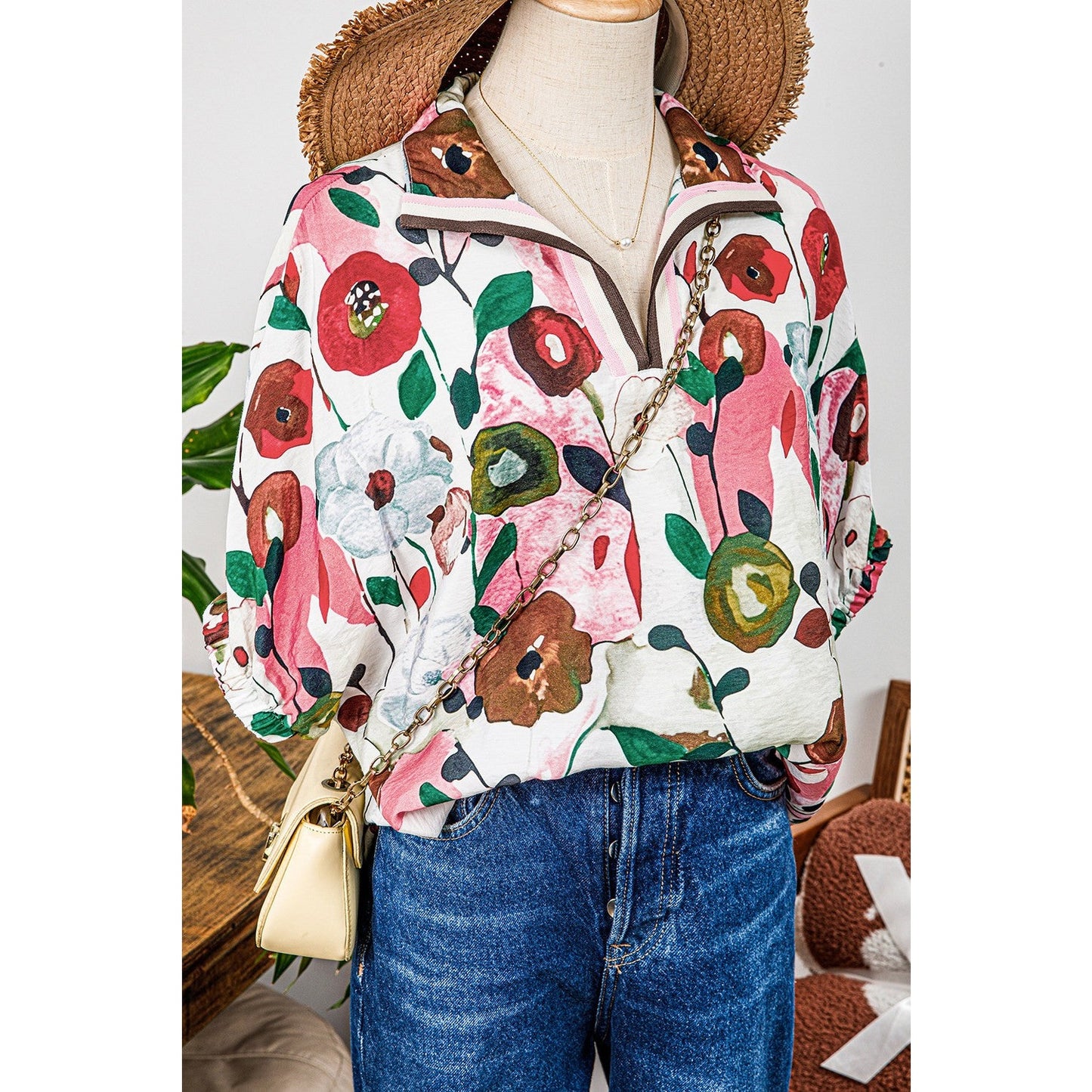 Karon Pink Floral Print Slit V Neck Short Sleeve Blouse