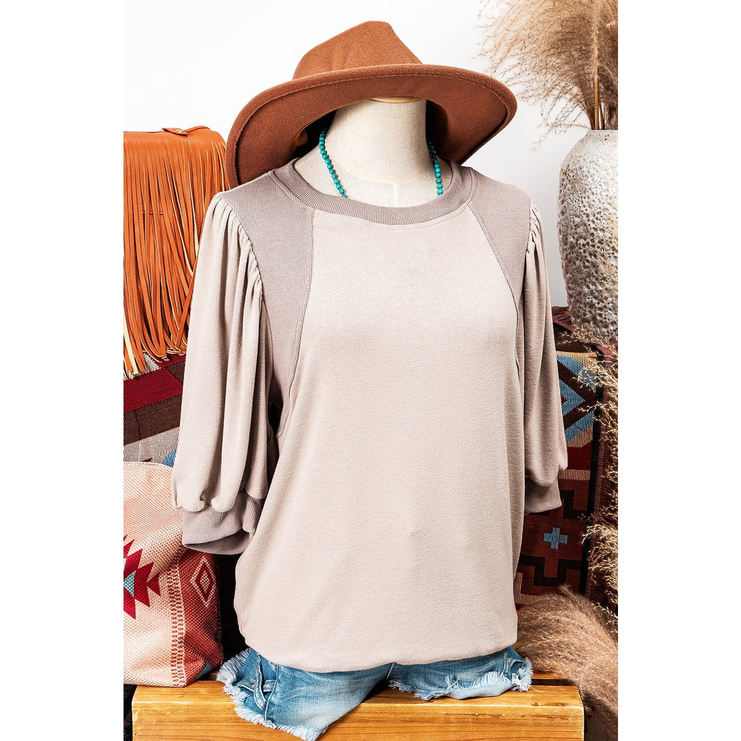 Karrie Half Lantern Sleeve Solid Colour Pullover Top
