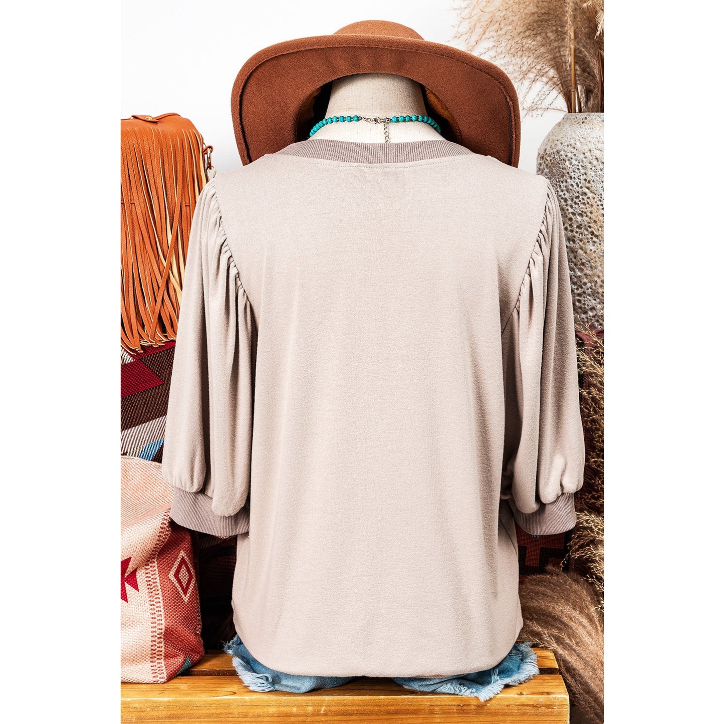 Karrie Half Lantern Sleeve Solid Colour Pullover Top
