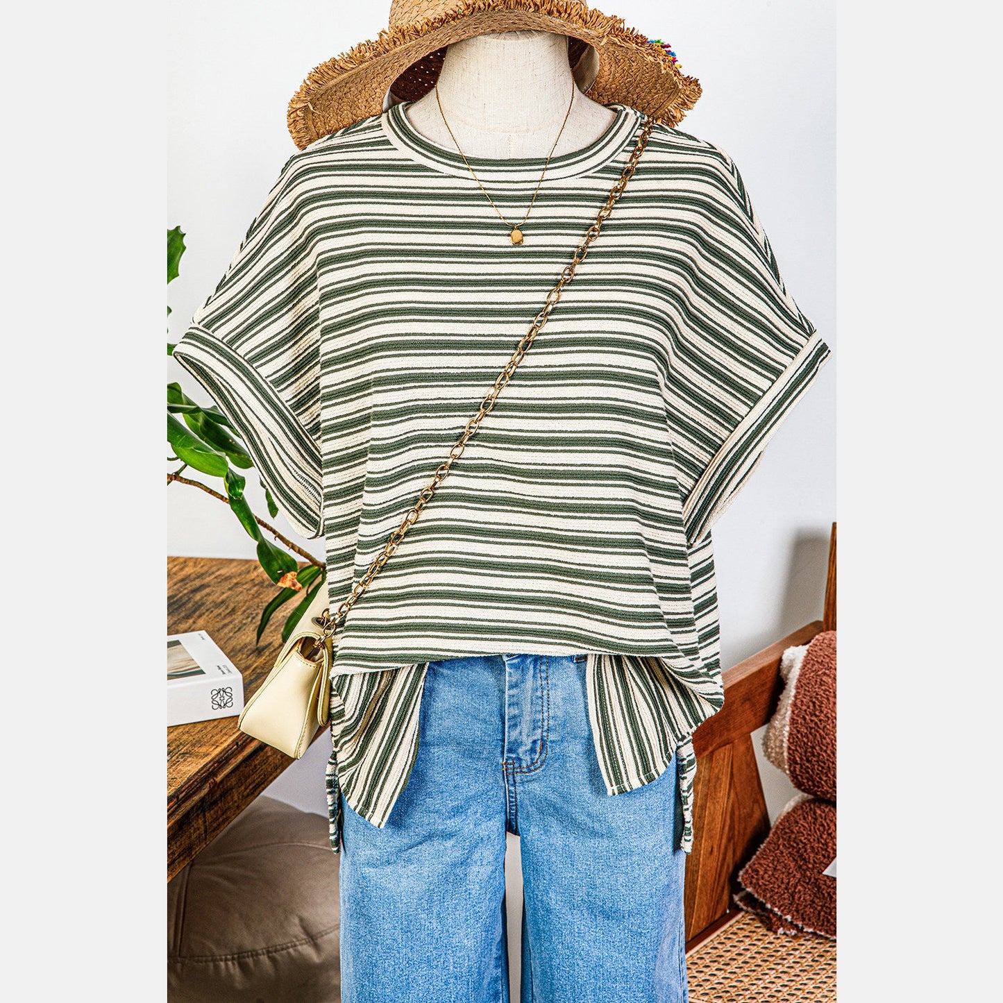 Kassi Green Stripe Textured Side Slits Crew Neck T Shirt