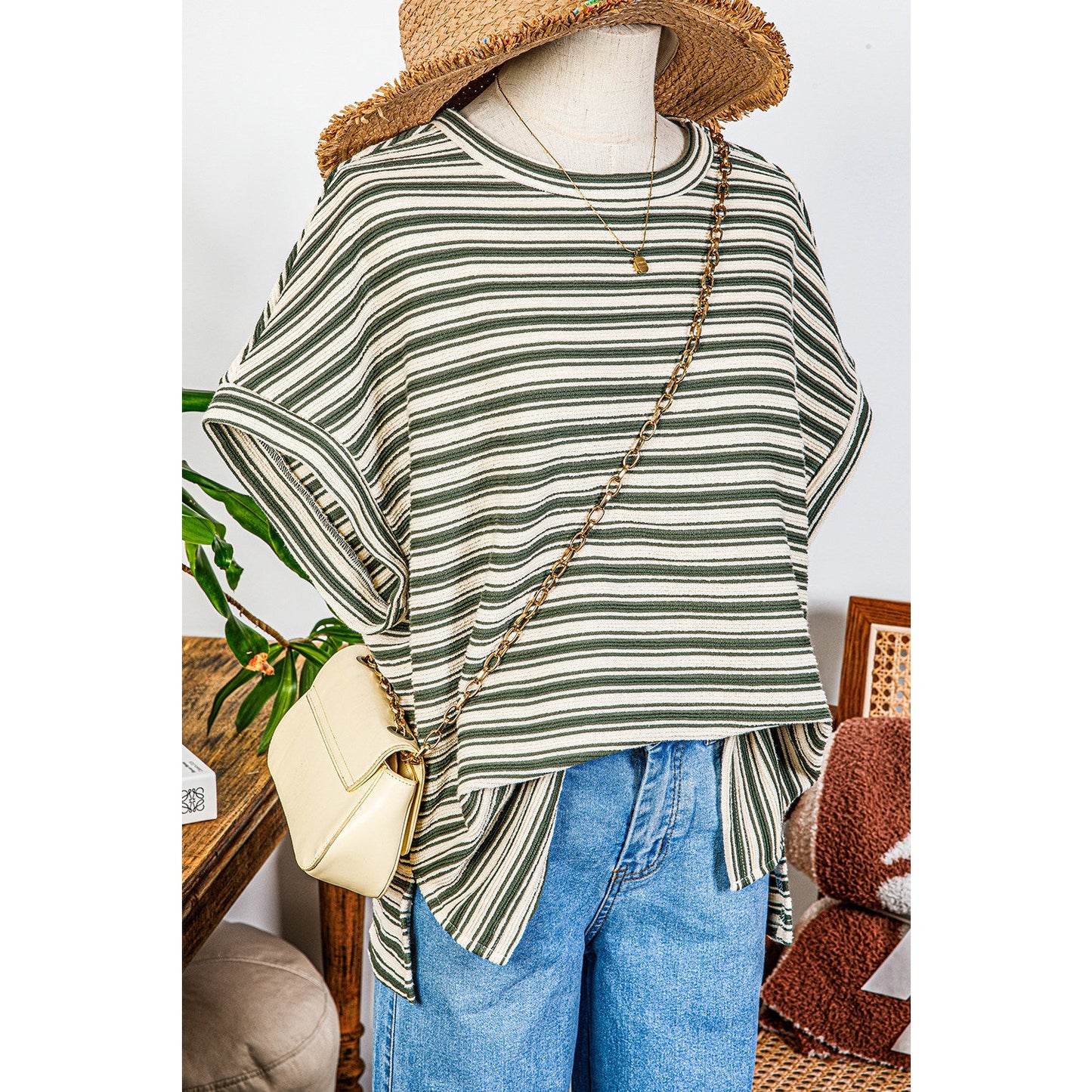 Kassi Green Stripe Textured Side Slits Crew Neck T Shirt