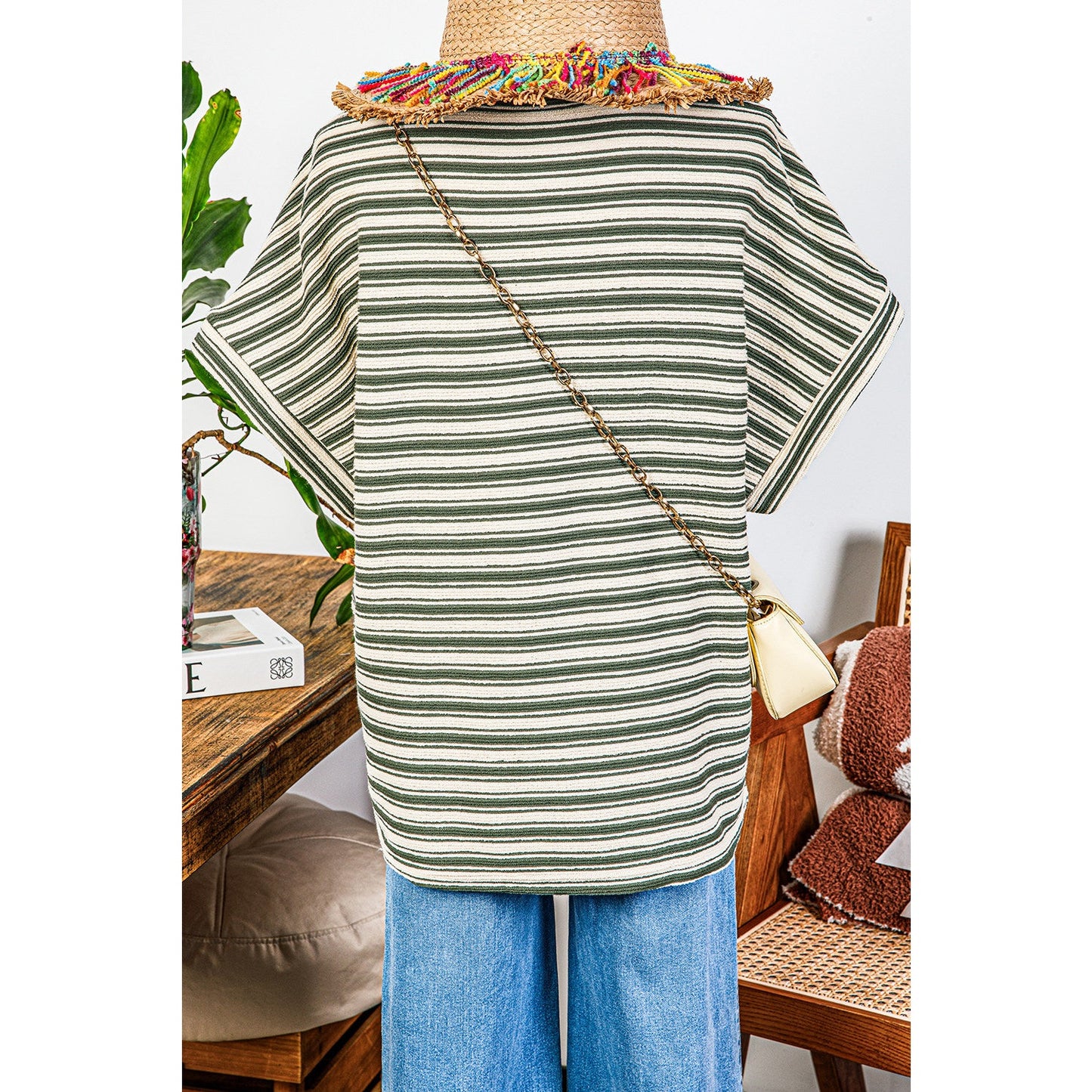 Kassi Green Stripe Textured Side Slits Crew Neck T Shirt