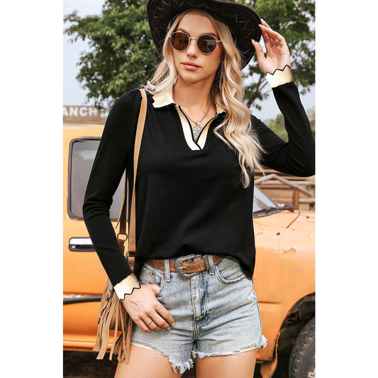 Kate Black Scallop Trim Color Block Long Sleeve Collared Top