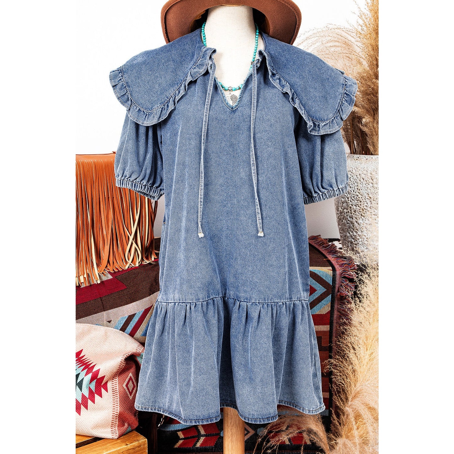 REDUCED!!! Kathleen Dusk Blue Ruffled Collared Side Pockets Puff Sleeve Denim Mini Dress REDUCED!!!