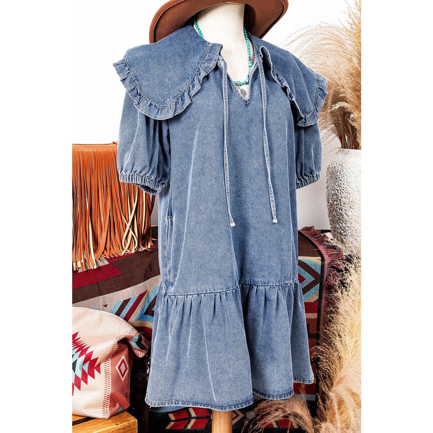REDUCED!!! Kathleen Dusk Blue Ruffled Collared Side Pockets Puff Sleeve Denim Mini Dress REDUCED!!!