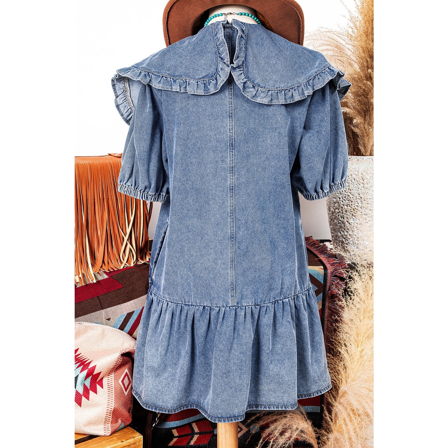 REDUCED!!! Kathleen Dusk Blue Ruffled Collared Side Pockets Puff Sleeve Denim Mini Dress REDUCED!!!