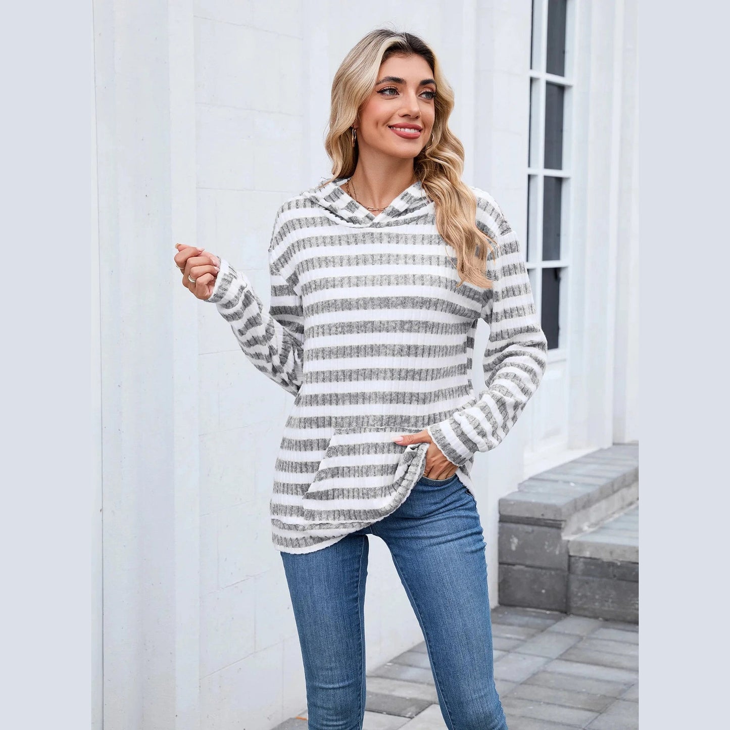 Kaytryn Grey Striped Kangaroo Pocket Hoodie