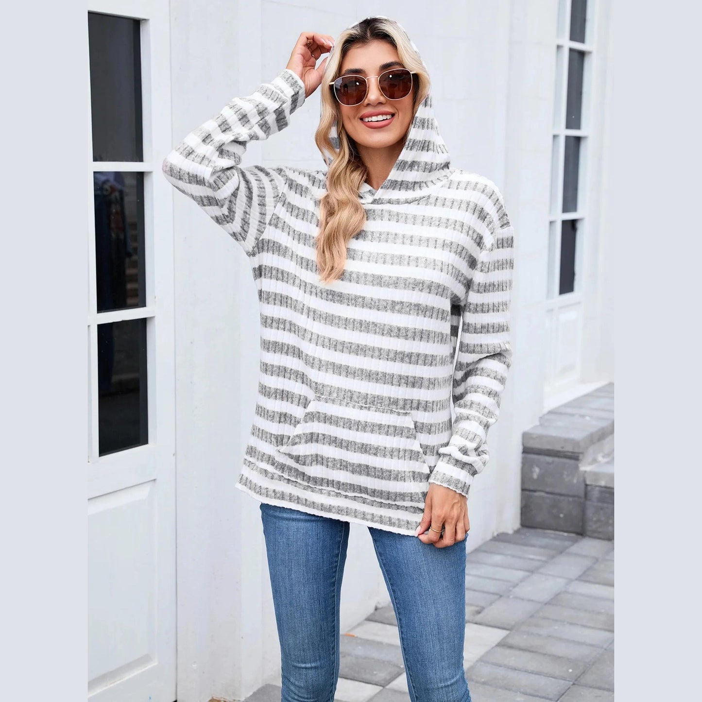 Kaytryn Grey Striped Kangaroo Pocket Hoodie