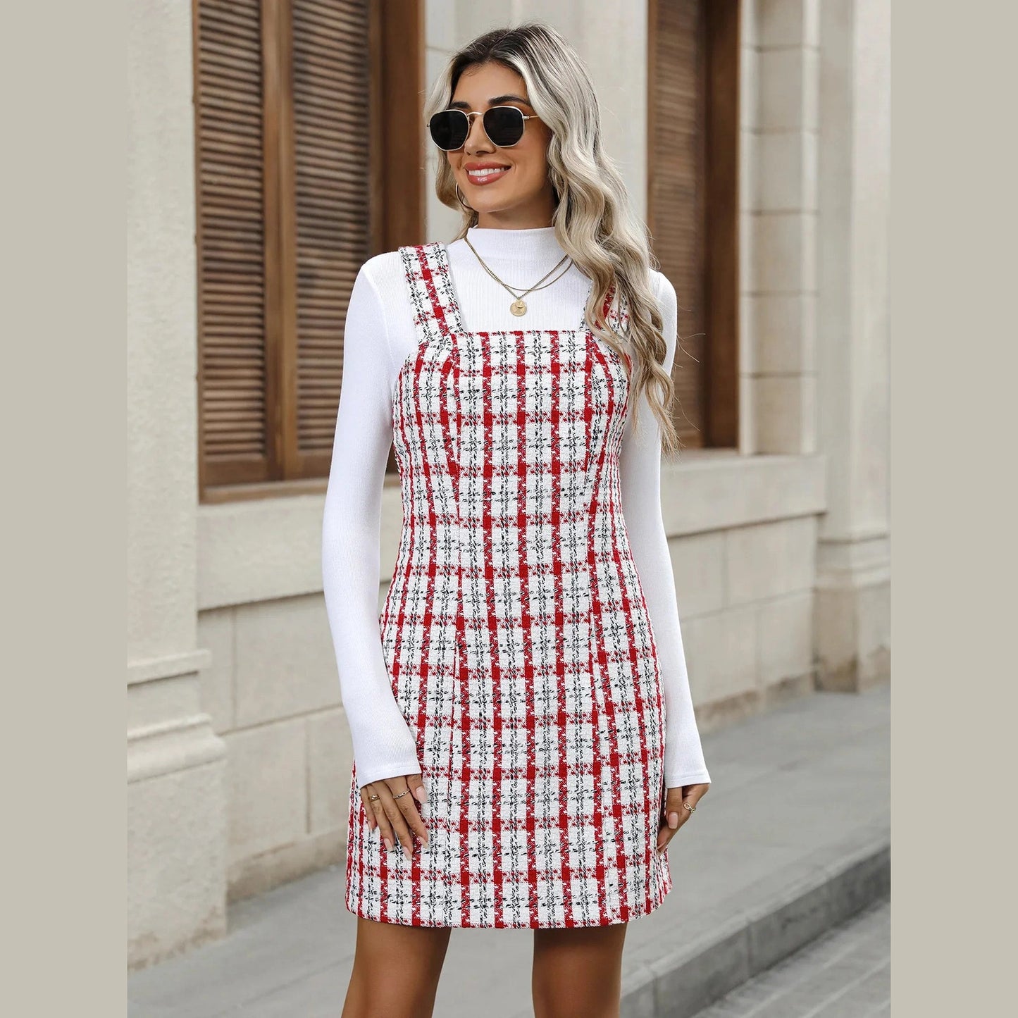 Keely Tweed Plaid Suspender Mini Dress