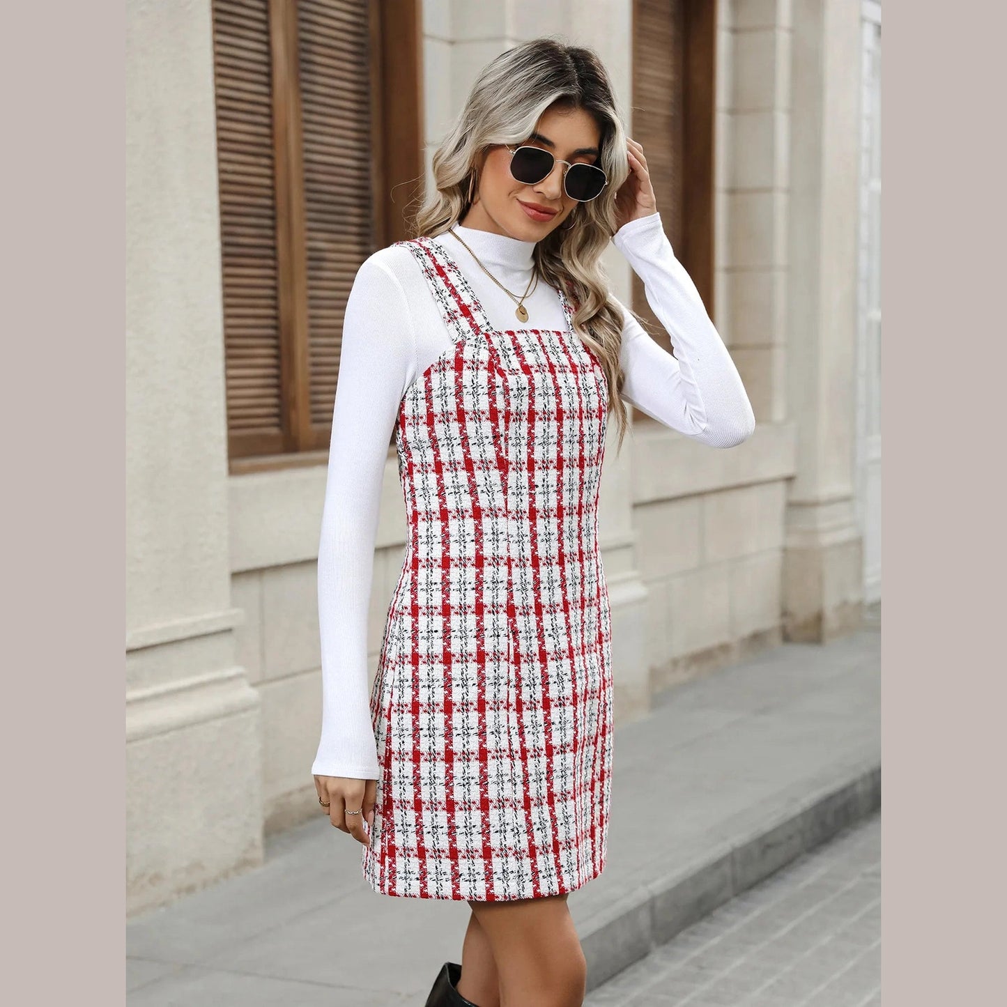 Keely Tweed Plaid Suspender Mini Dress