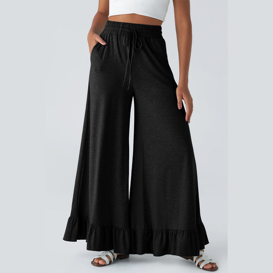 Kendria Black Ruffled Wide Leg Pull On High Waist Pants with Pockets