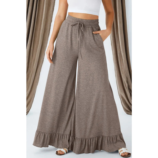 Kendria Taupe Ruffled Wide Leg Pull On High Waist Pants with Pockets (Copy)
